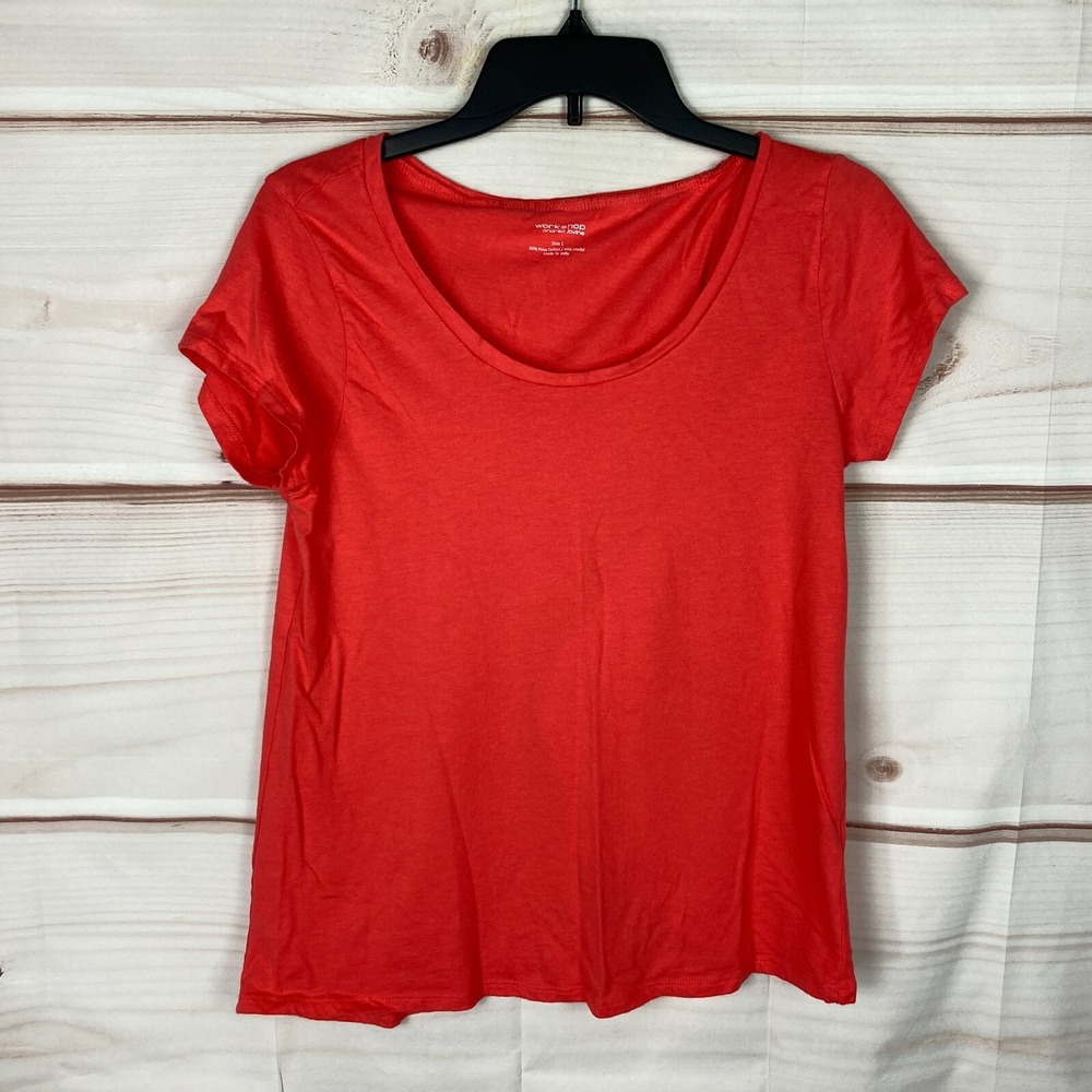 Workshop Top Womens L Orange Short Sleeve T-Shirt Scoop Neck Split Back Solid